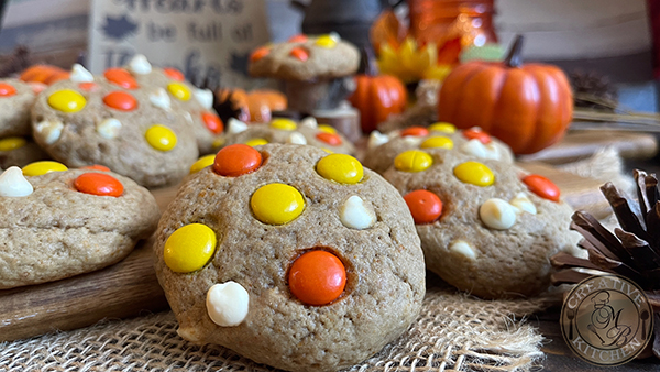 Photo of completed Reese's Pieces Pumpkin Peanut Butter White Chocolate Chip Cookies